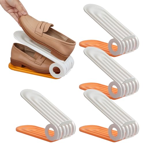 Shoe Slot Organizer 4Pcs Adjustable Shoe Stacker 4 Level PP Shoe Space Saver Dual Layer Shoe Organizers for Closet, Orange, Shoe Slots