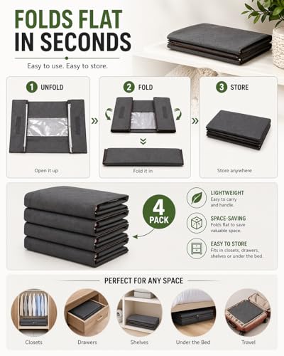 Under Bed Storage Containers 90L set 4 bags, Closet Organizers and Storage Bins, Foldable Underbed Storage Bags for Wrapping Paper, Blanket, Clothing, Comforter, Sweaters, Pillows, Linen Sheets, Grey