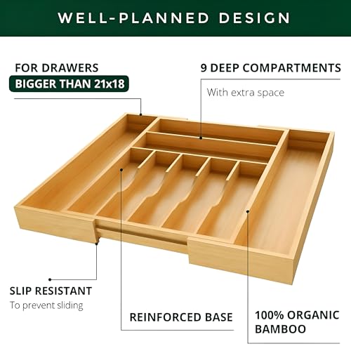 Bamboo Drawer Organizer – Expandable 9 Slot Silverware & Utensil Tray for Kitchen, Office & Kitchen –Fits 13”–19.6” Drawers, Natural Bamboo Wood, Deep Compartments - Durable & Eco-Friendly - size: 9 Slot