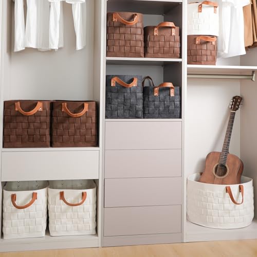 boldmonkey Laundry Basket 16.5 " x13 x13 , Large Rectangular Felt Fabric Blanket Basket with Leather Handle, Dirt Clothes Laundry Hamper for Babies, Dogs and Living Room-Brown - color: Wood Brown