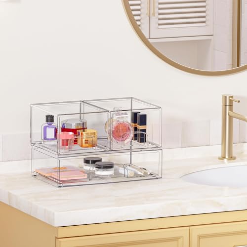 Vtopmart Stackable Storage Drawers Set of 3,Clear Plastic Organizer Bins for Makeup, Cosmetics, Beauty Supplies,Ideal for Vanity, Bathroom,Cabinet,Pantry Organization - style: 2 Small+1 Wide
