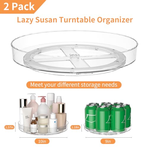 2 Pack Lazy Susan Turntable Organizer, 9 and 10 Inch Rotating Trays for Corner Cabinet, Fridge, Pantry, Kitchen, Table Top, Makeup Vanity, Bathroom Countertop Storage, Acrylic Spinning Spice Rack - size: 9+10inch - 2 Pack