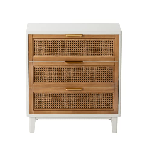 COZAYH Farmhouse 3-Drawer Nightstand, Set of 2 Rattan Cane Front Accent Dresser with Brass Pull, Distressed White - color: Distressed White, style: 3 Drawer/2 pack