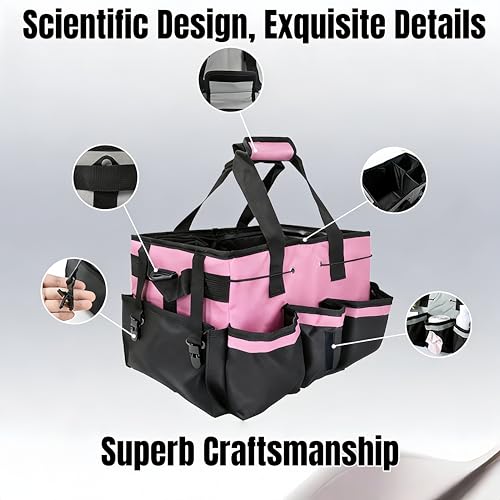 Tool Organizer Tote Bag, Pink and Black, Large Capacity with Adjustable Compartments, Portable Cleaning Storage Caddy, 14.96x10.63x9.06 Inches - color: Pink