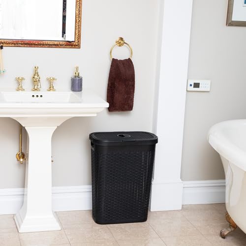Mind Reader Slim Laundry Hamper with Lid, 40L Clothes Basket, Narrow Tapered Design with Ventilated Cutout Pattern, Plastic, Set of 2, Black - color: Black, size: Set of 2