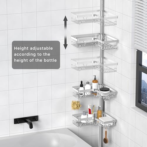 KEGII SUS304 Corner Shower Organizer, Stainless Steel Tension Pole Corner Bathroom Caddy, No Drilling Required Adjustable Shower Shelf for Inside Showers, Silver - style: Tension Caddy - Silver