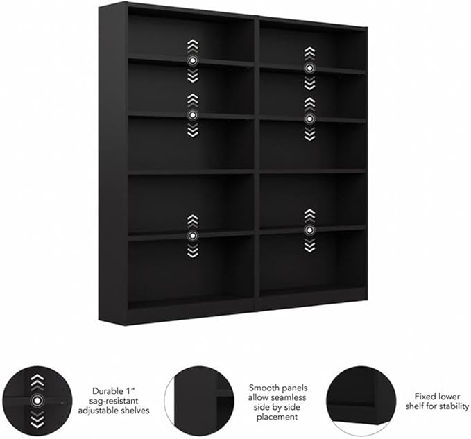 Pemberly Row Modern 5 Shelf Bookcase in Classic Black (Set of 2)