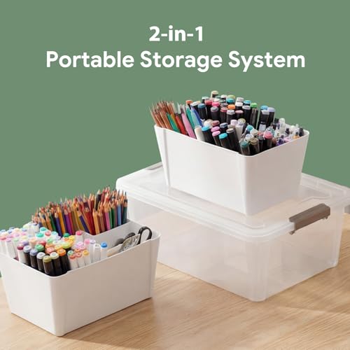 MACOPRO 17QT Craft Storage Box with 2 Removable Caddy Trays, Clear Stackable Plastic Organizer with Lid for Art Supplies, Beads, Sewing Tools, Pens & Kids Toys (White, 1Pack-2-in-1) - size: 1Pack-2-in-1