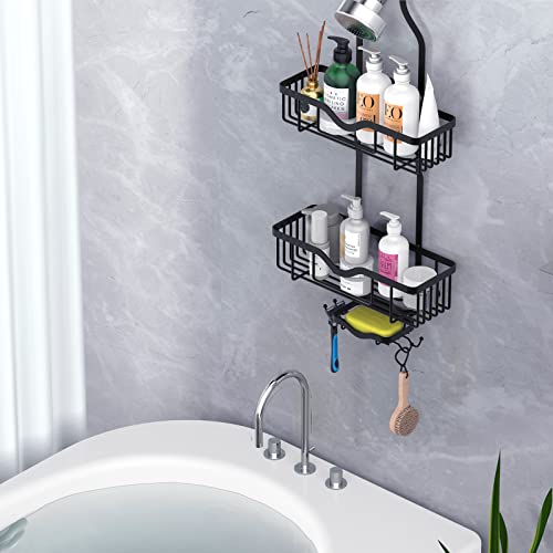 Kadolina Shower Caddy Hanging, Bathroom Organizer Rack, Shower Rack with Soap Dish, Over The Showerhead Caddy with Hooks for Razor/Sponge, Matte Black (Assembly Required) - color: Matte Black