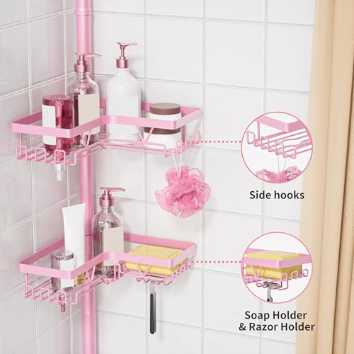 KEGII Shower Caddy Tension Pole, 4-Tier Rustproof Adjustable Corner Bathroom Organizer for Renters, 25–114.2 Inch No Drill Space-Saving Shower Storage Rack, Pink - style: Tension Caddy（Pink）