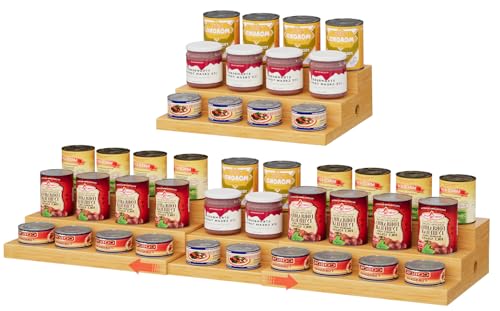 Extra-Long Expandable Bamboo Can Rack for Pantry – 3-Tier Adjustable Pantry Can Organizer, Large Capacity Holds up to 45 Cans, Pantry Shelf & Countertop Storage (Patent Pending)