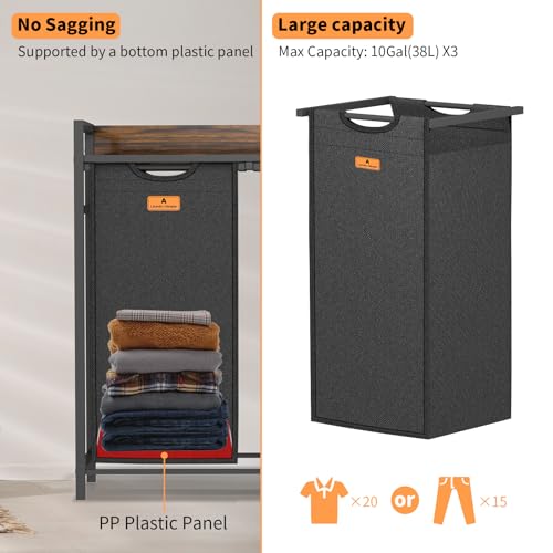 Lifeand Laundry Hamper, Laundry Clothes Sorter with 3 Pull-Out Bags and Shelf, Laundry Basket 3 Section, 3×10Gal(38L), Rustic Brown and Black