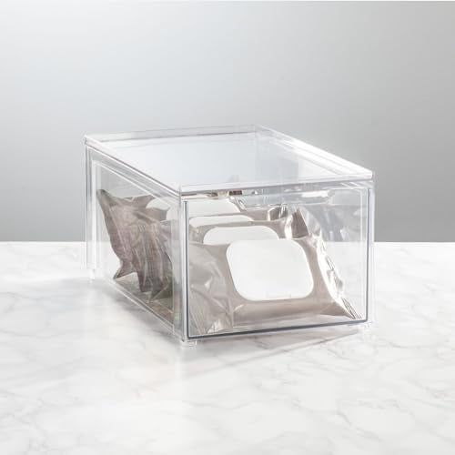 mDesign Plastic Stackable Bathroom Storage with Pull Out Bin Organizer Drawer for Cabinet, Vanity, Shelf, Cupboard, Cabinet, or Closet Organization - Lumiere Collection - 2 Pack - Clear - size: 8 x 12 x 6 (Pack of 2)