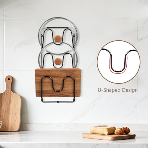 2 Pack Pot Lid Organizer Rack for Cabinet Door/Wall, 6-Tier Pot Lid Holders inside Cabinet Door, No Drilling Adhesive Wall/Door Mounted Rustproof Pots and Pans Lid Organizers for Kitchen Storage Black