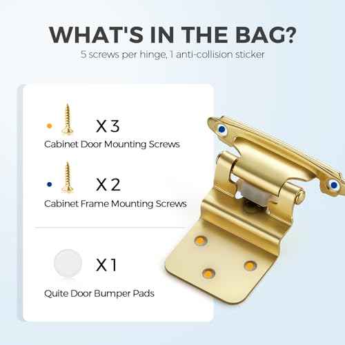 50 Pack (25 Pairs) 3/8 Inch Insert Kitchen Cabinet Hinges, Satin Brass Self Closing Hinges for Kitchen Cabinet Doors, Semi-Concealed Cupboard Hardware, Face Mount Hardware, Gold