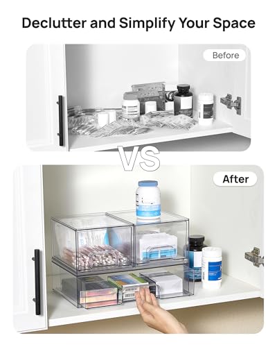 Vtopmart Stackable Storage Drawers Set of 4, Clear Plastic Organizer Bins for Bathroom Supplies,Ideal for Cabinet,Pantry,Laundry Room Organization - style: 2 Small+2 Wide