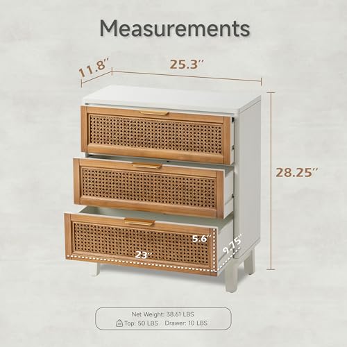 COZAYH Farmhouse 3-Drawer Nightstand, Set of 2 Rattan Cane Front Accent Dresser with Brass Pull, Distressed White - color: Distressed White, style: 3 Drawer/2 pack