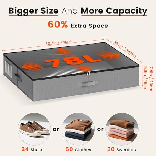 XXXL 78L Under Bed Storage, Storage Containers with Support & Clear Lid, Support Frame, Underbed Storage Bins for Clothes, Shoes, Blankets, and Toys 2 pack (78L) - size: 78L