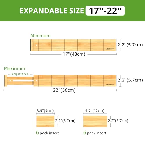 ANTOWIN 4 Pack Expandable Drawer Dividers, 2.2'' High, Extend from 17'' to 22'', Dresser Drawer Organizers, Bamboo Separators for Kitchen, Bedroom, Office, Bathroom, with 12 Pack Divider Inserts