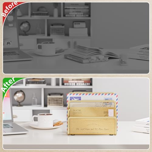 Marbrasse Mail Organizer for Desk, 3-Slot Mesh Metal Mail Holder countertop, Letter Holder, Office Desktop Envelope and Document Storage Rack (Gold) - color: Gold