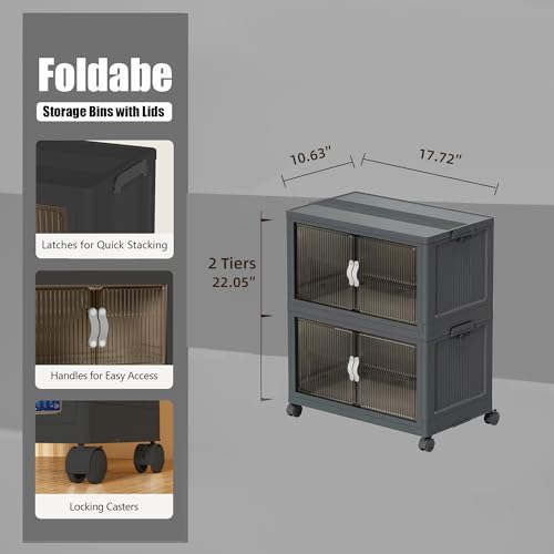 51QT Stackable Storage Bins with Lids & Wheels - Foldable Cabinet Clear Door Plastic Organizer Containers for Home, Garage, Pantry Organization - Collapsible Design Gray 2T - size: 51Qt/13Gal-2Packs/1Top Lid