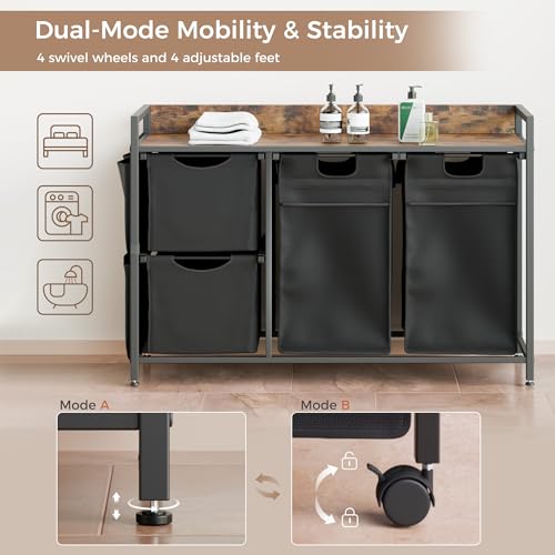 Mondeer Laundry Sorter with 4 Section, 150L Laundry Hamper with Wheels, Laundry Basket with Small Side Pockets and Pull-Out Removable Liners,for Laundry Room Bedroom Bathroom - size: 150L
