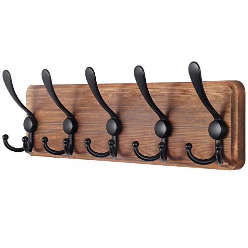SKOLOO Rustic Wall Mounted Coat Rack: 16" Stud Spacing, Pine Real Wood Plank Wall Coat Rack with 5 Triple Hooks, Farmhouse Coat Hanger Wall Mount for Hanging Backpack Jacket Coat Hat - color: Brown Plate & Black Hook, size: 1 Item-5 Hooks
