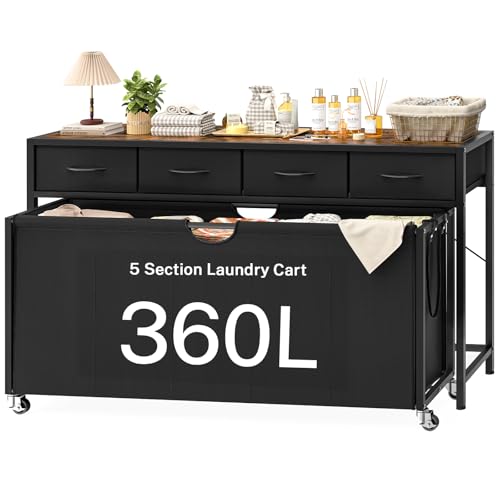 Laundry Sorter, Rolling Laundry Hamper with 5 Section Pul-Out Bags, Laundry Basket Organizer with 4 Drawers, Laundry Hamper with Wheels for Laundry Room Organization, Bathroom, Bedroom - size: 360 L