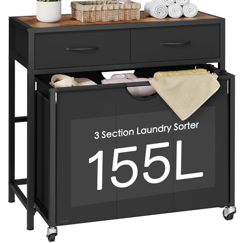 Laundry Sorter 3 Section with Tabletop & 2 Drawers, Rolling Laundry Hamper with Pull-Out and Removable Bags, Laundry Basket Organizer with Wheels and Shelf, Metal Frame Rustic Brown for Laundry Room - size: 155 L