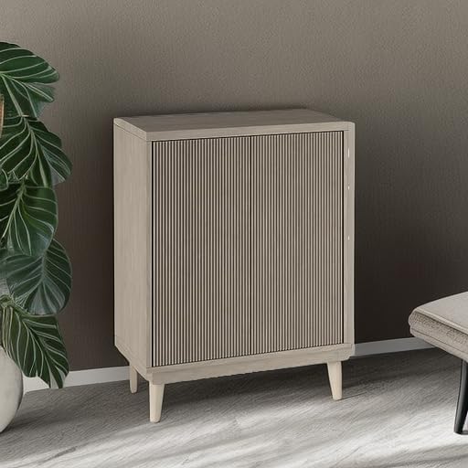 Henn&Hart 28" Fluted Wooden Accent Cabinet, Ribbed Modern Sideboard Buffet Cabinet with 2 Doors and an Adjustable Shelf for Living Room, Dining Room, Bedroom or Entryway, Antiqued Gray Oak