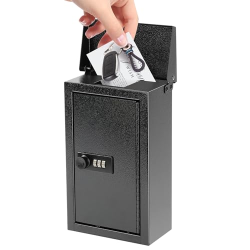 xydled Wall-Mounted Key Drop Box with Combination Lock, Metal Mailbox, Indoor&Outdoor Storage Box, Hanging Secured Postbox, for Home & Business Use, 5.5X 3.0X 9.8 inch, Black - style: Combination