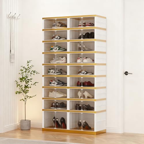 SYNCVIBE Shoe Rack Organizer for Closet Entryway Foldable Sneaker Storage Shoe, Collapsible Shoe Cabinet, Stackable Shoe Storage Cabinet with Lids for Living Room (9 Tiers -36 Pairs White Gold) - size: 9 Tiers -36 Pairs White Gold
