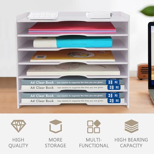 SONGWAY File Organizer for Desk - 7 Tier Wide Document Holder, Letter Mail Tray Storage Rack, A4 Paper Storage Holder, Desktop Organizer for Home Office School, White - size: 7 Tier Wide