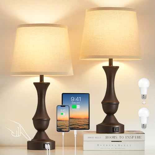Luvkczc 22" Table Lamp Set of 2 - Vintage Brown Bedside Lamp with Beige Fabric Shade, 3-Way Dimmable, USB C+A Ports, Nightstand Lamp for Living Room Bedroom (Bulb Included)