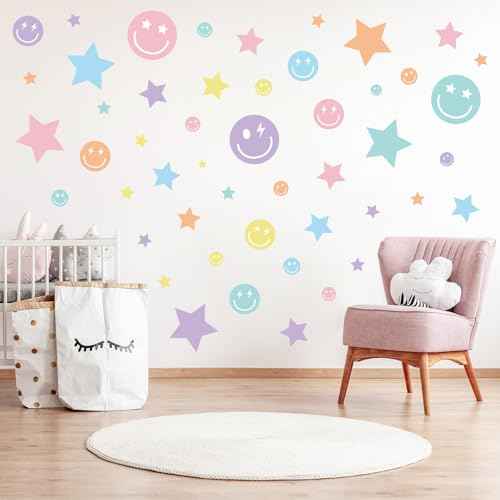 Whaline 12 Sheets Preppy Wall Stickers Pastel Smile Face Star Wall Decals Aesthetic Room Mural Stickers for Party Home Nursery, 7.9 x 11.8 Inch