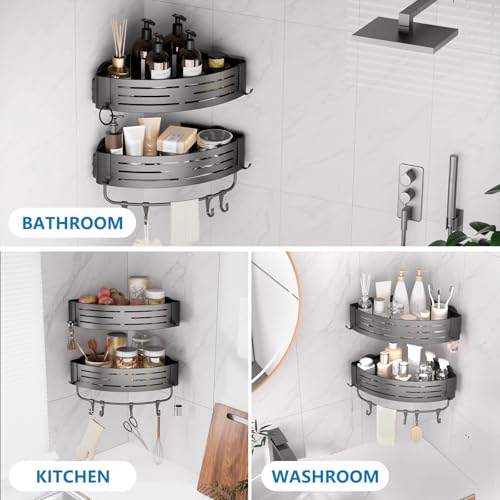 Onemake Corner Shower Caddy with Suction Cups, 2-Pack Removable Aluminum Wall Mounted Organizer Shelves Storage Rack with Towel Bar Portable Hook for Bathroom, Grey - style: 2 Tier-Gray-Triangle Caddies