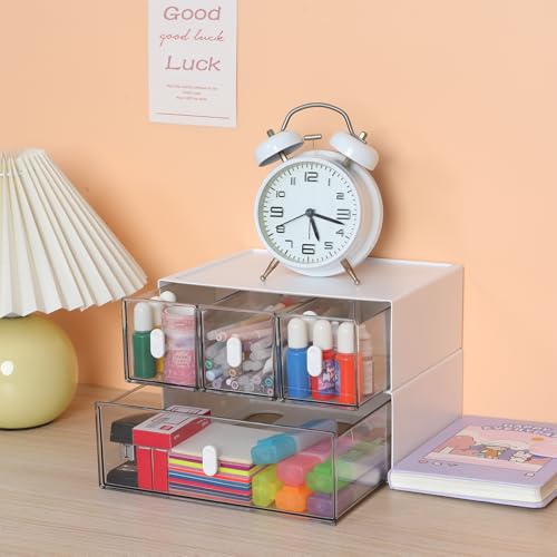 Desktop Storage Drawers, Plastic Desk Organizer with 3 Drawers, Modular Stackable Toolbox Units for Office Stationary, Makeup Container, Bathroom Countertop (1 Tall Layer, White & Clear) - color: 1 Tall Layer & 3 Drawers, White & Clear