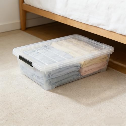 4-Pack 25 Quart Large Plastic Underbed Clothes Storage Containers Bins, Wheeled Latching Box with Lids for Closet Organizers Shoes Underbed, Clear - size: 25 Quart