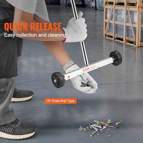 VEVOR Magnetic Sweeper with Wheels, 15inch Mini Magnetic Sweeper, 8 lbs Capacity, Adjustable Handle, Lightweight Magnetic Pickup Sweeper to Pick Up Nails and Screws, Easy Cleanup of Workshop Garage