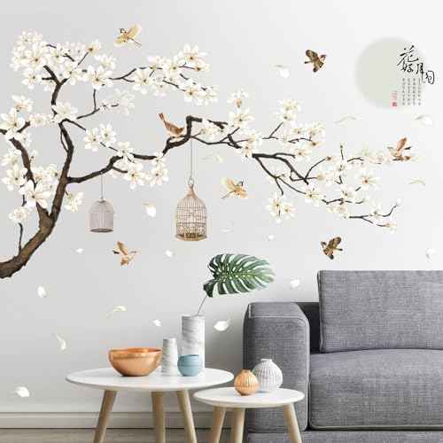 Chinese Style White Flowers Black Tree and Flying Birds Wall Stickers Removable DIY Wall Art Decor Decals Murals for Offices Home Walls Bedroom Study Room Wall Decaoration, 50inchx74inch