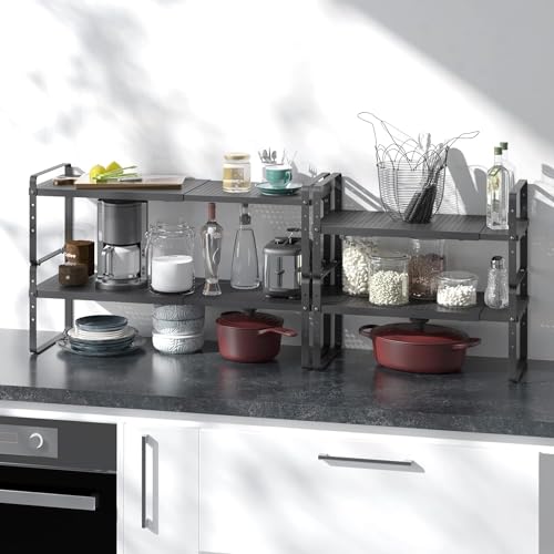 Expandable Cabinet Shelf Organizer Adjustable Metal Spice Rack Stackable Freestanding Counter Storage Shelves for Kitchen Cabinet Under Sink Office Desk (Black - 3Pack - L16.5-27'' * W8'' * H9.6'') - color: Black - 3pack - L16.5-27'' * W8'' * H9.6''
