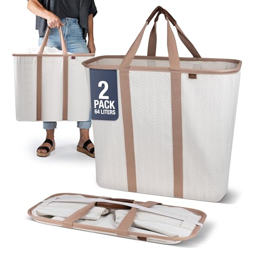 CleverMade Collapsible Laundry Caddy – Foldable Laundry Hamper & Tote, XXL 64L Pop-Up Laundry Basket with Handles, Space-Saving Laundry Organizer for Home & Travel, 2 Pack - LUXE Cream Herringbone - color: LUXE Cream Herringbone