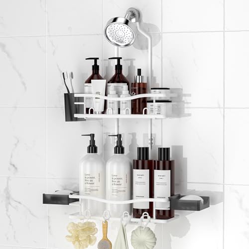 REINHARDT Shower Caddy Hanging, Rustproof Shower Caddy Anti-Swing Shower Organizer No Drilling Showers Racks with Soap Holder Multi Hooks Bathroom Storage for Shampoo Sponge, White - color: White