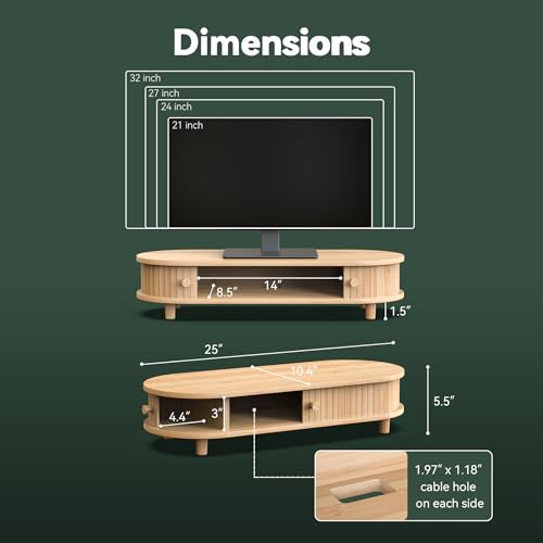 Bamboo Monitor Stand with Storage, Curved Computer Laptop Stand Desk Shelf Organizer with Sliding Doors (25 inch) - size: 25 inch