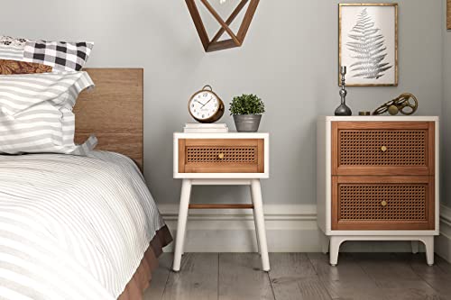COZAYH Fully-Assembled 2-Drawer Woven Cane Front Accent Nightstand with Brass Knobs, Distressed White - color: Distressed White, style: 2 Drawer/1 pack