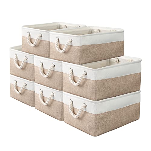 8 Pack Storage Basket Bins - Decorative Baskets Bulk Storage Box Cubes Containers with Handles for Clothes Storage Bathroom, Garage, Books, Home, Office, 13.7L x 9.8W x 6.7H (White&beige)
