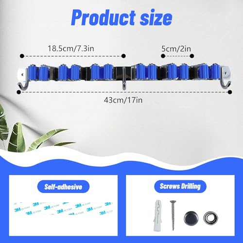 Broom Holder Mop Hanger Wall Mount Metal Organization Garage Storage System Laundry Room Closet Shed Garden Kitchen Tool Organizer (6 Racks with 3 Hooks, Blue)