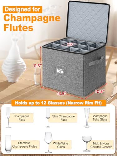 punemi Champagne Flute Storage Container, 2 Pack Wine Glass Storage Box w/Hard-Shell Top, Bottom & Sides, Dividers, Stackable Glassware Storage Container for Champagne, White Wine & Stemware - style: champagne-storage-2pcs