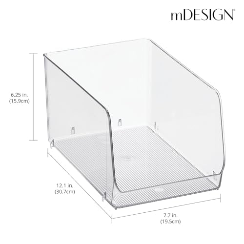 mDesign Stackable Plastic Food Storage Organizer Bin Basket with Open Front for Household Kitchen Cabinets, Pantry, Offices, Closets, Bedrooms, Bathrooms - 7.7" Wide, 4 Pack - Clear - size: 12 x 7.7 x 6.25 (Pack of 4)