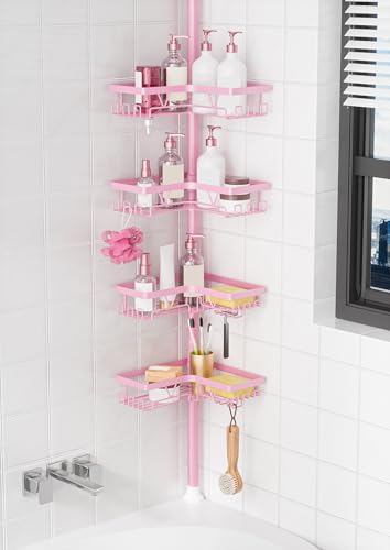 KEGII Shower Caddy Tension Pole, 4-Tier Rustproof Adjustable Corner Bathroom Organizer for Renters, 25–114.2 Inch No Drill Space-Saving Shower Storage Rack, Pink - style: Tension Caddy（Pink）